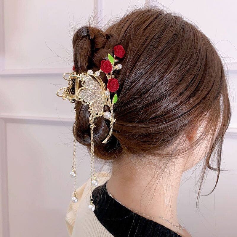 1 件新款水钻珍珠流苏蝴蝶发夹优雅气质大号金属夹头饰时尚发夹女式