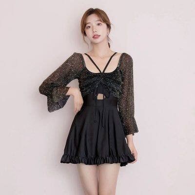 女士服装薄款遮肚长袖连衣裙泳衣