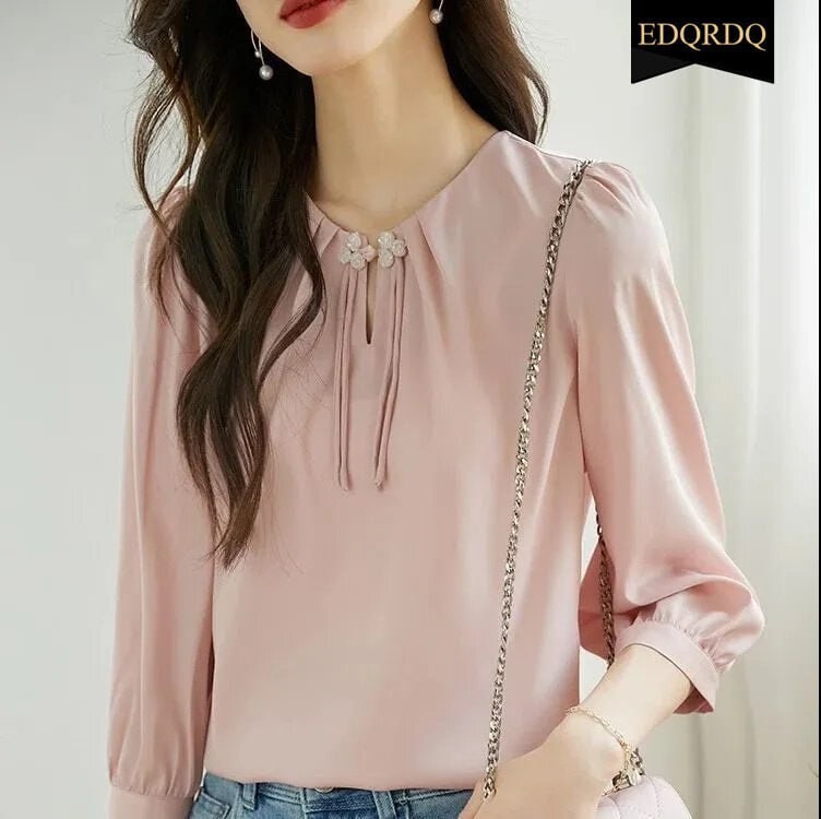 EDQRDQ 优雅 3/4 袖上衣 中国风吊带 O 领女式衬衫